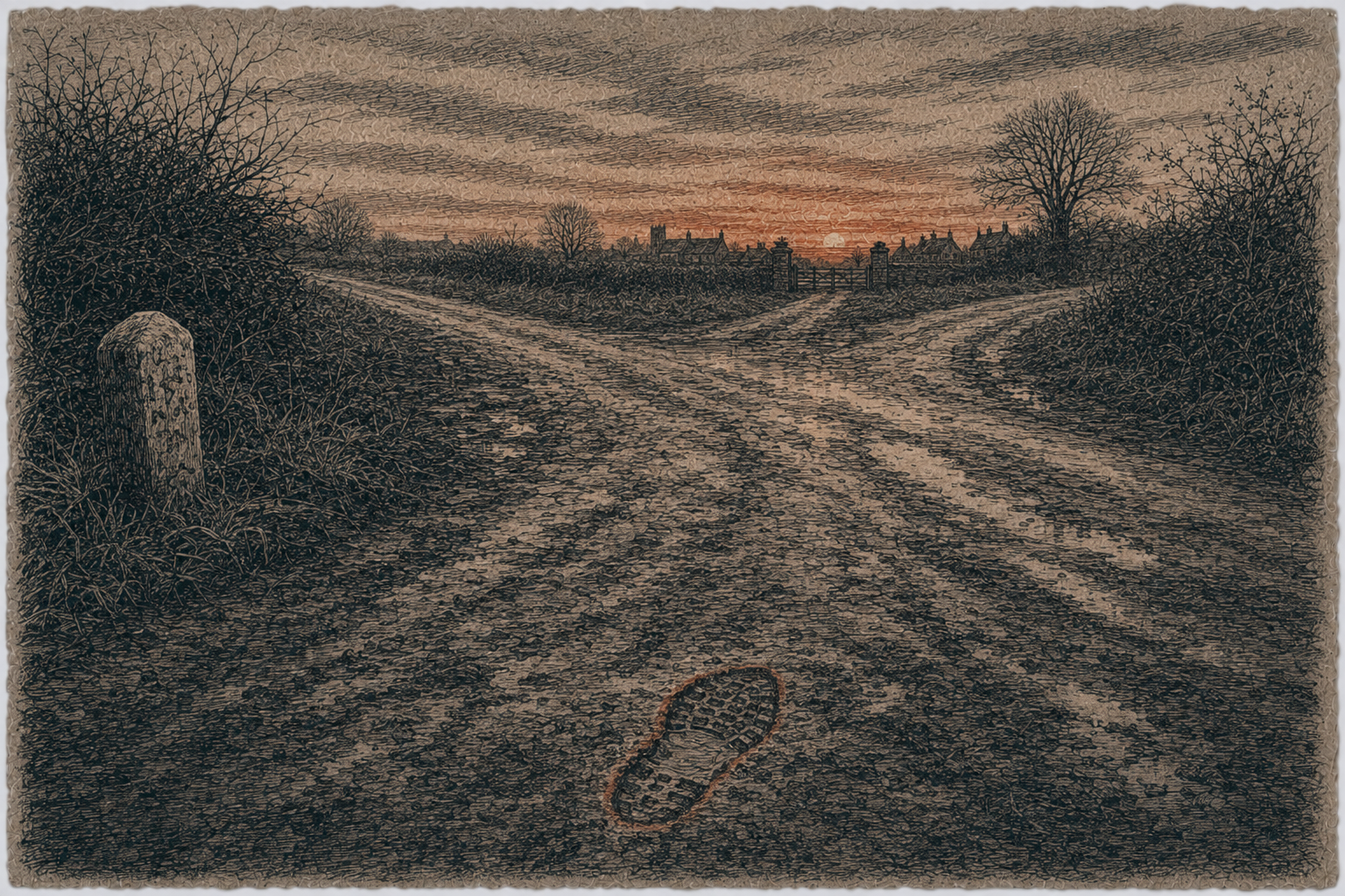 One clear bootprint lies alone in the mud