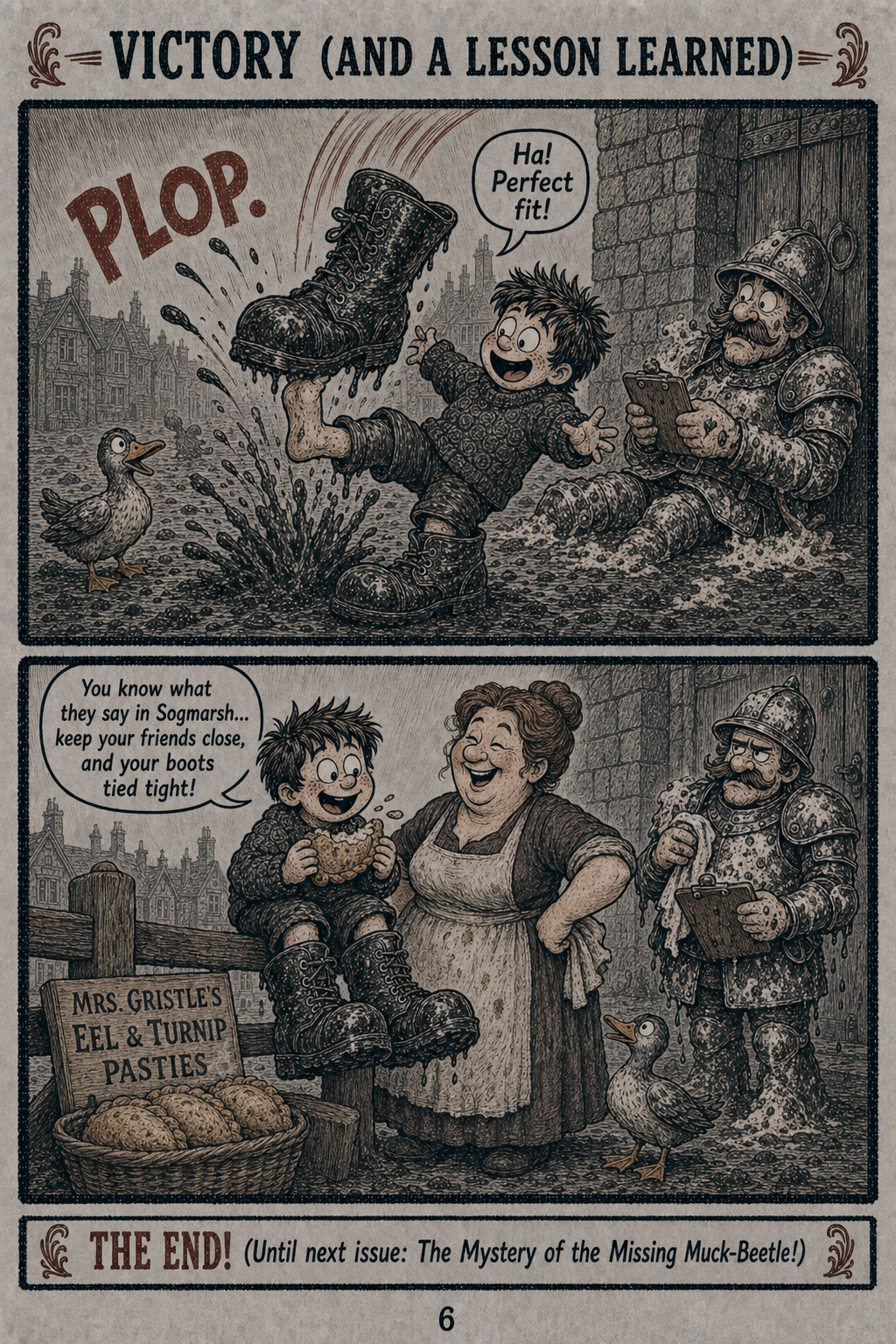 Barney recovers his boot and receives his pasty