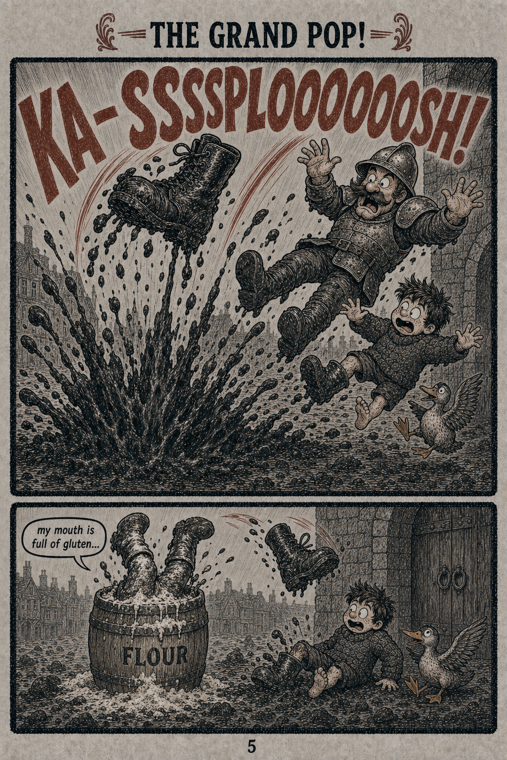 The boot bursts free and Captain Mudd lands in flour