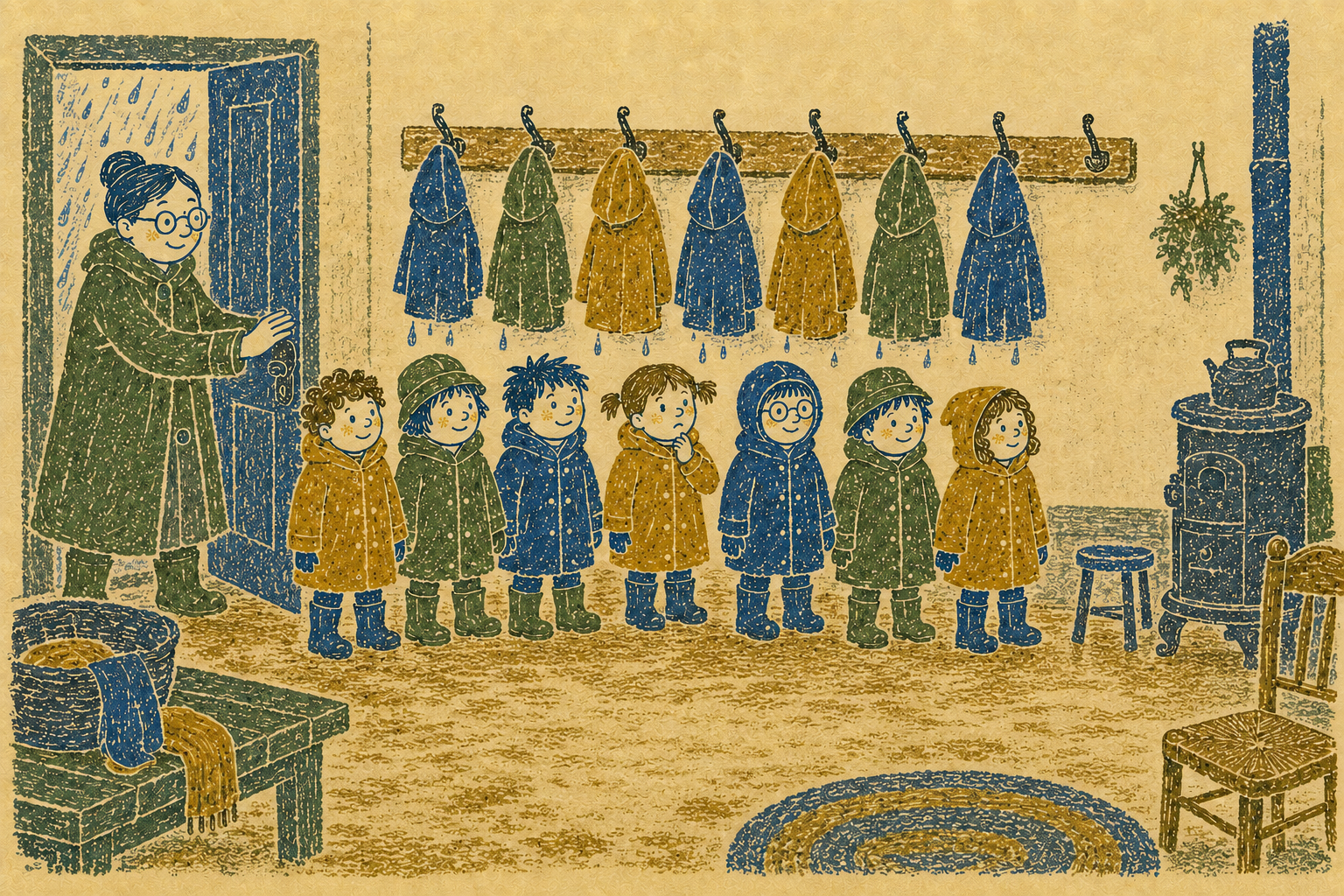 Seven children in the warm schoolroom with a place left free