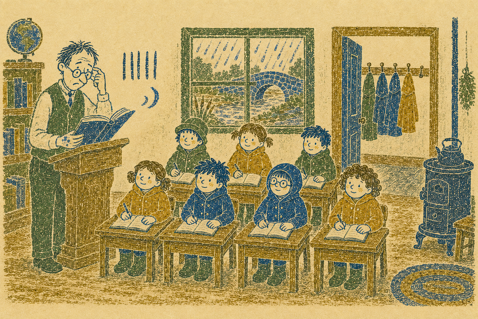 The children and Mrs Pindle pause to consider the extra crossing