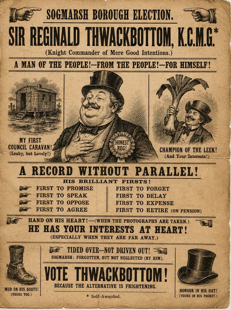 An election broadside: SOGMARSH BOROUGH ELECTION, VOTE THWACKBOTTOM.