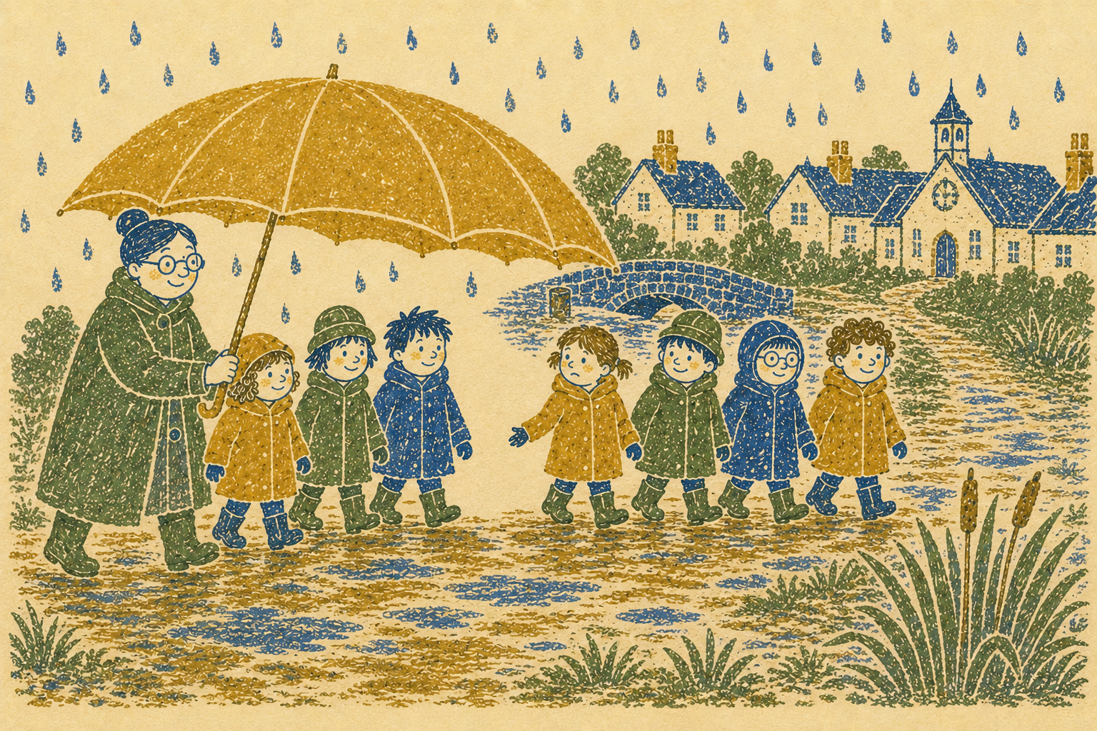 Seven children leaving one careful empty place beneath the umbrella