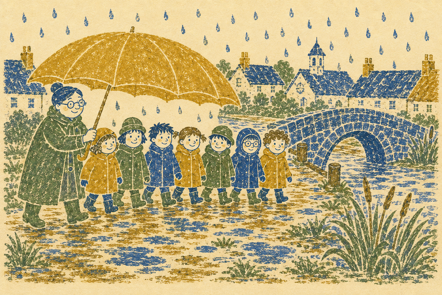 Mrs Pindle and seven children beneath one large umbrella