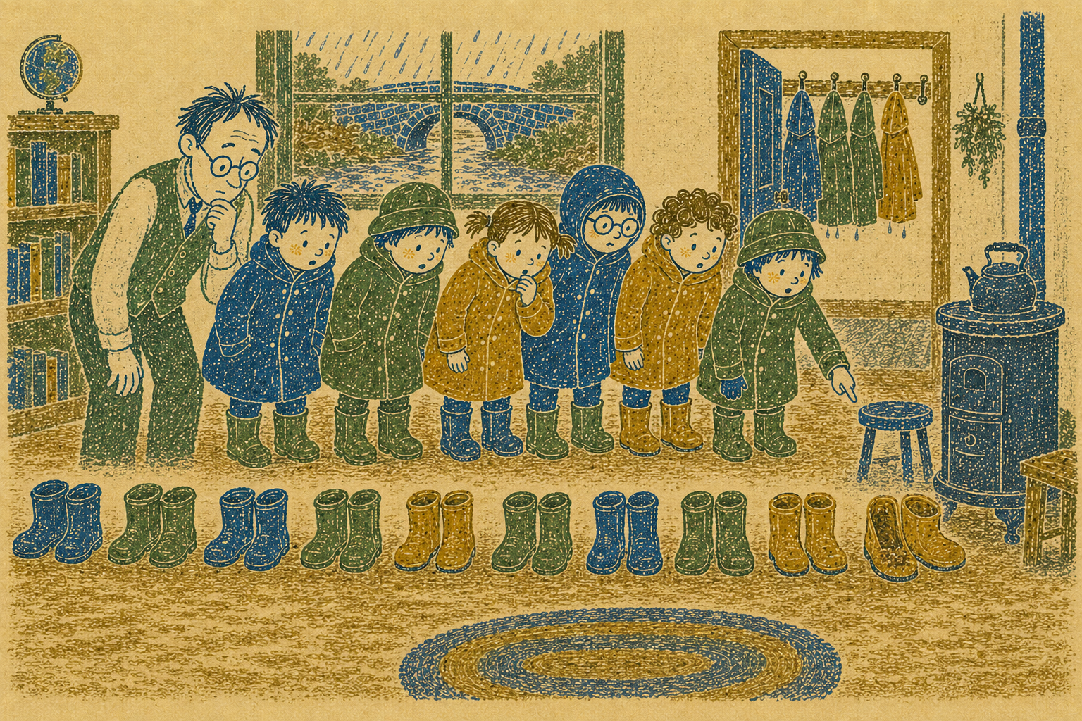 Eight pairs of boots beside the stove, the new pair muddy inside