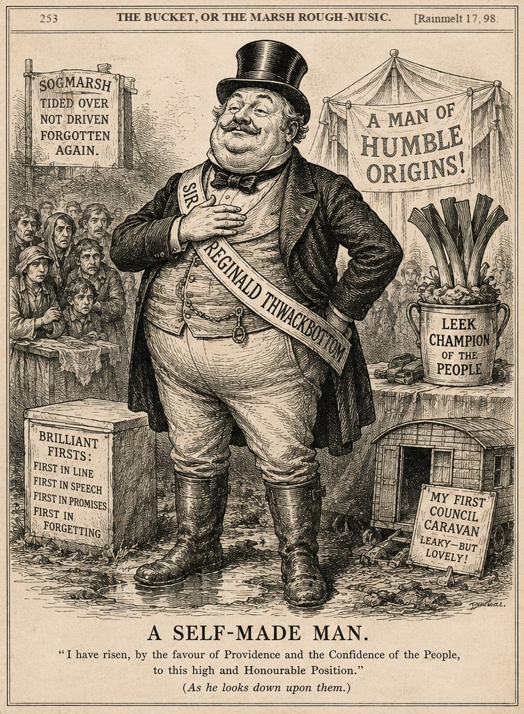 A satirical engraving: Sir Reginald Thwackbottom, sashed and enormous, hand on heart, above a crowd of gaunt faces.