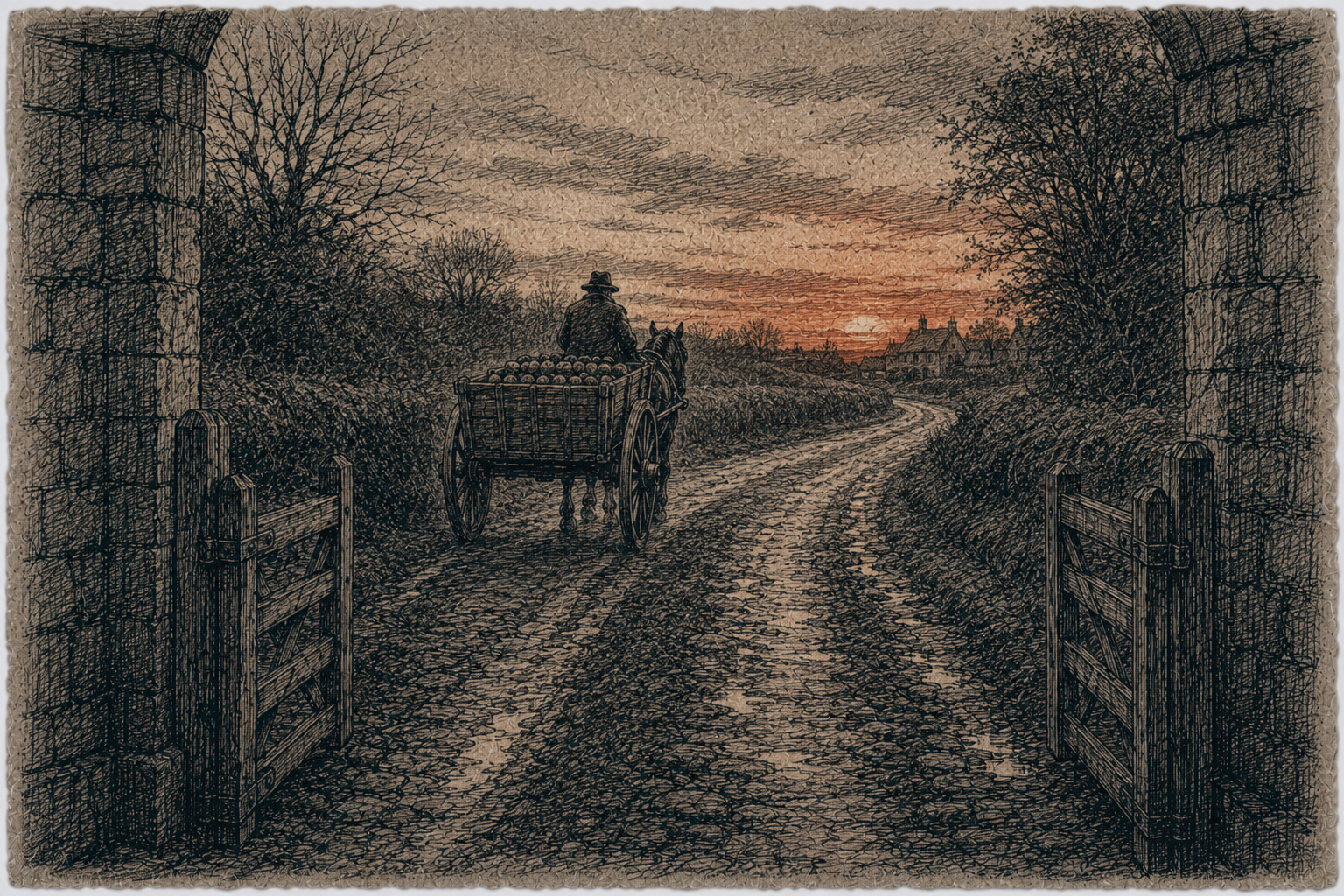 A lone cart travels into the ochre evening